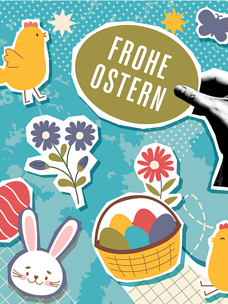 Oster-Gutscheinmotiv mit dekorativen Oster-Elementen.